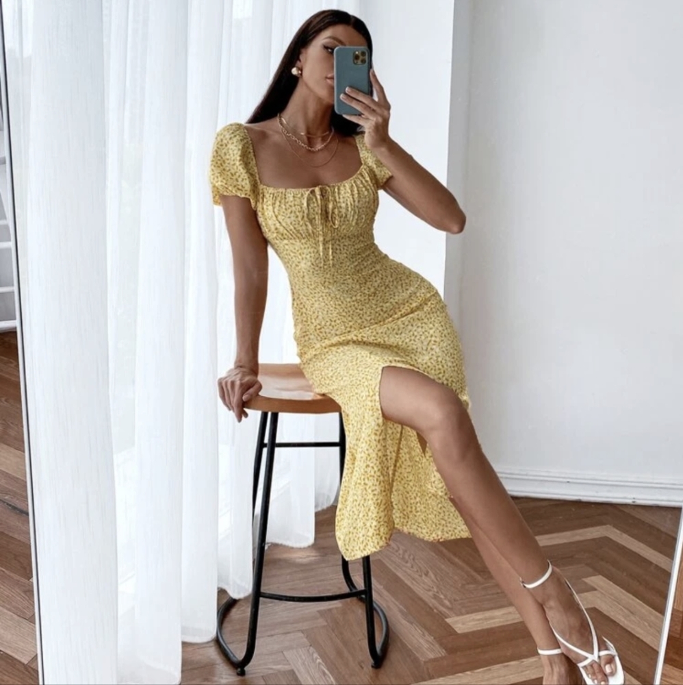 Yellow print milkmaid dress with slit